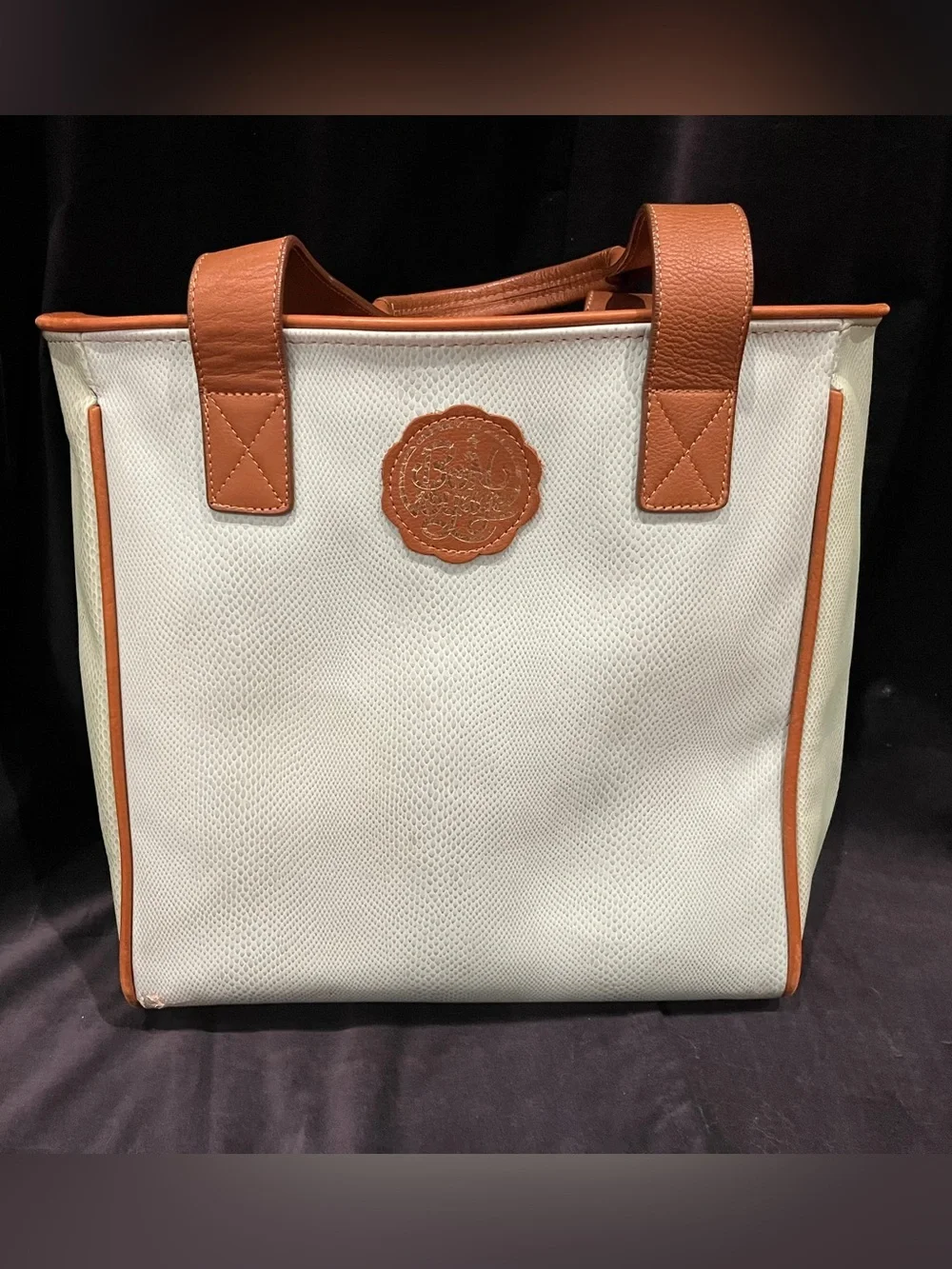 White Consuela Canvas Tote with Colorful Butterfly Embroidery and Tan Trim.